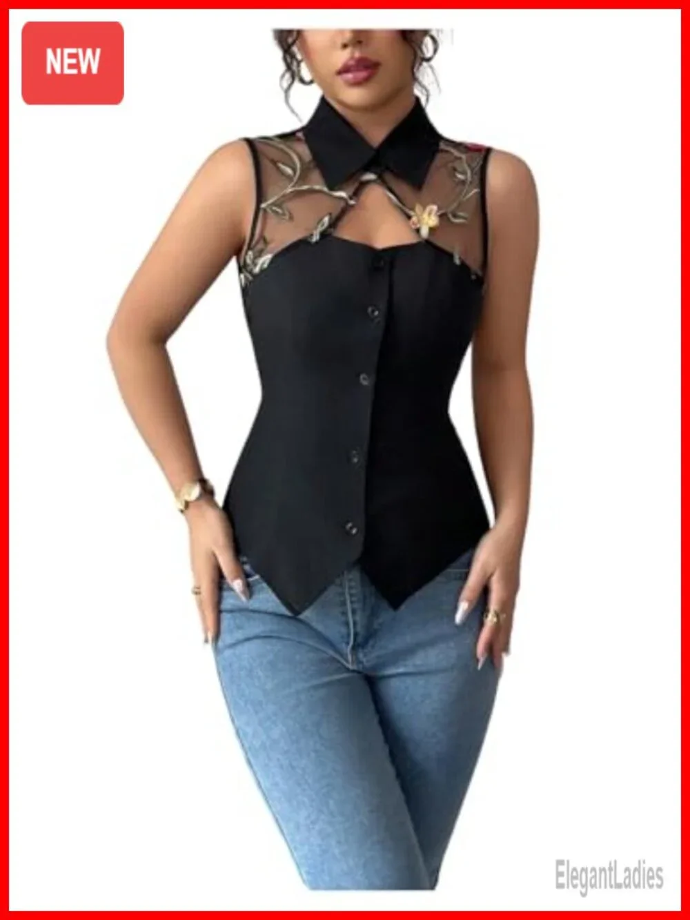 Floral Embroidery Sheer Mesh Button Up Vest Top Blouse
